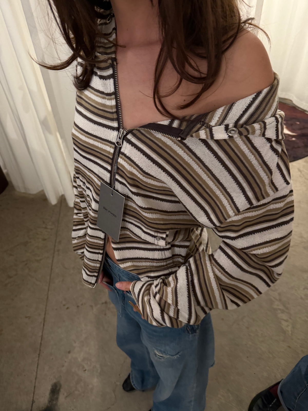 Knitted Striped Zip Hoodie Light Brown