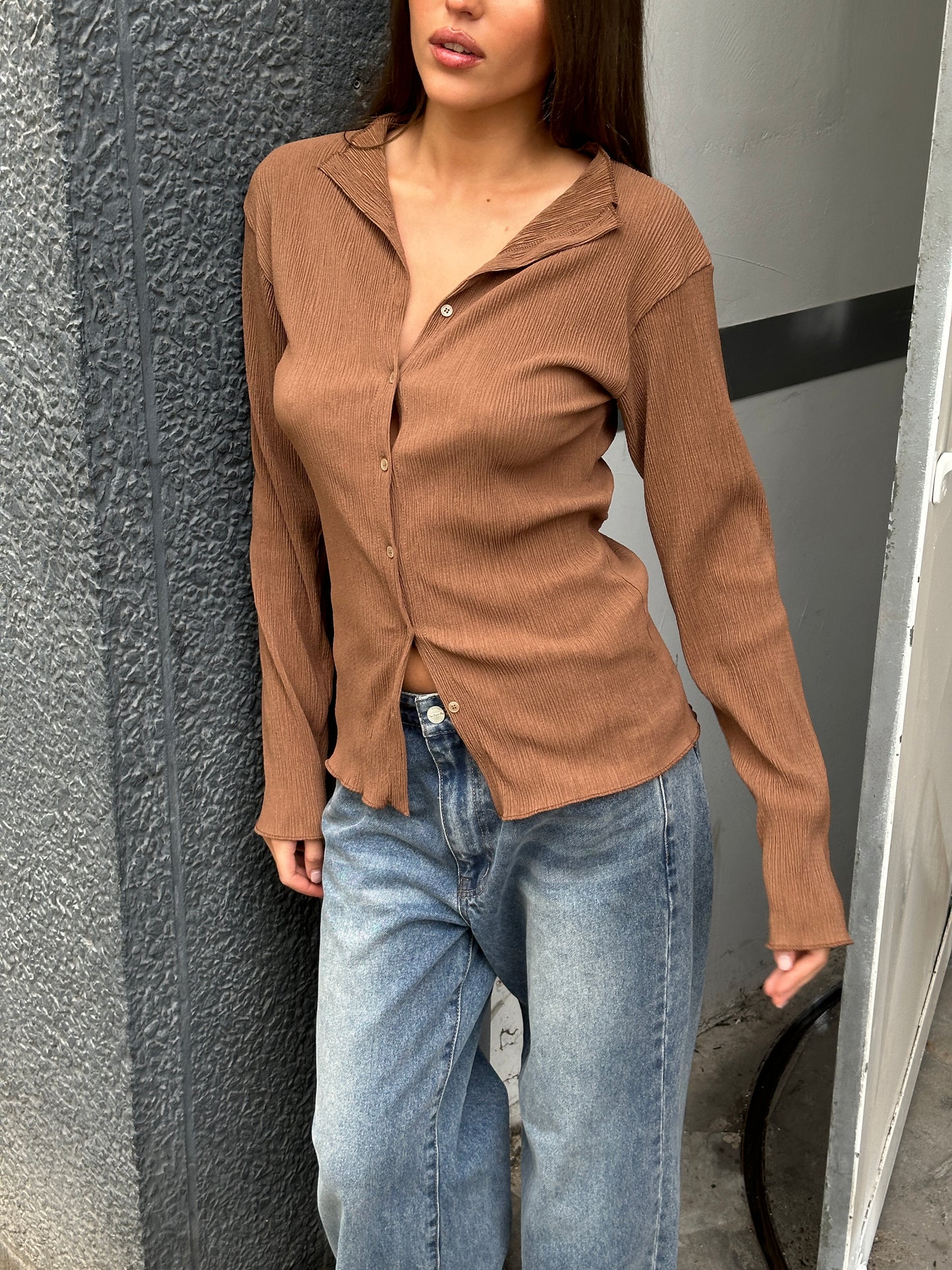 Pleated Buttoned Top Brown