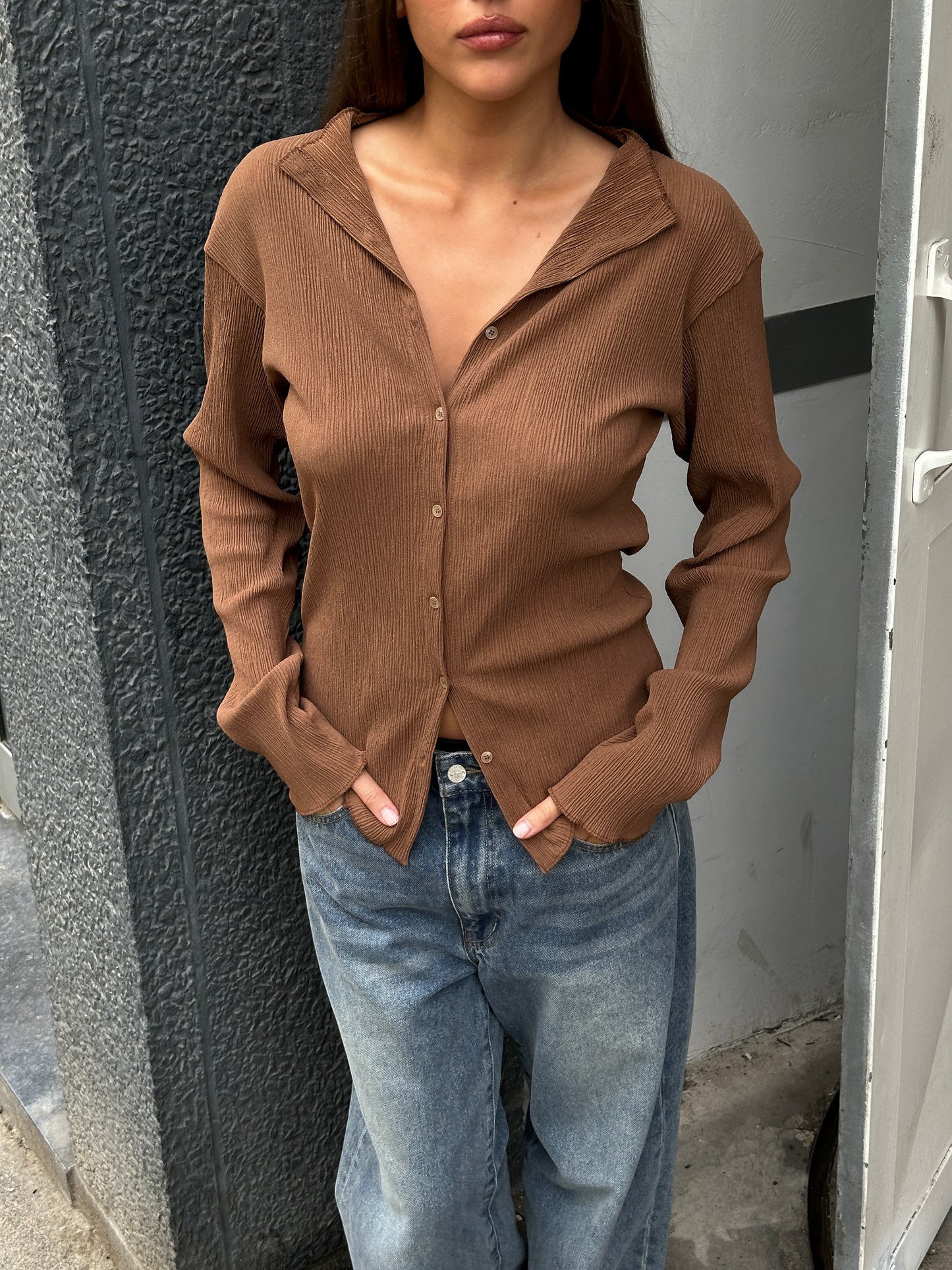 Pleated Buttoned Top Brown