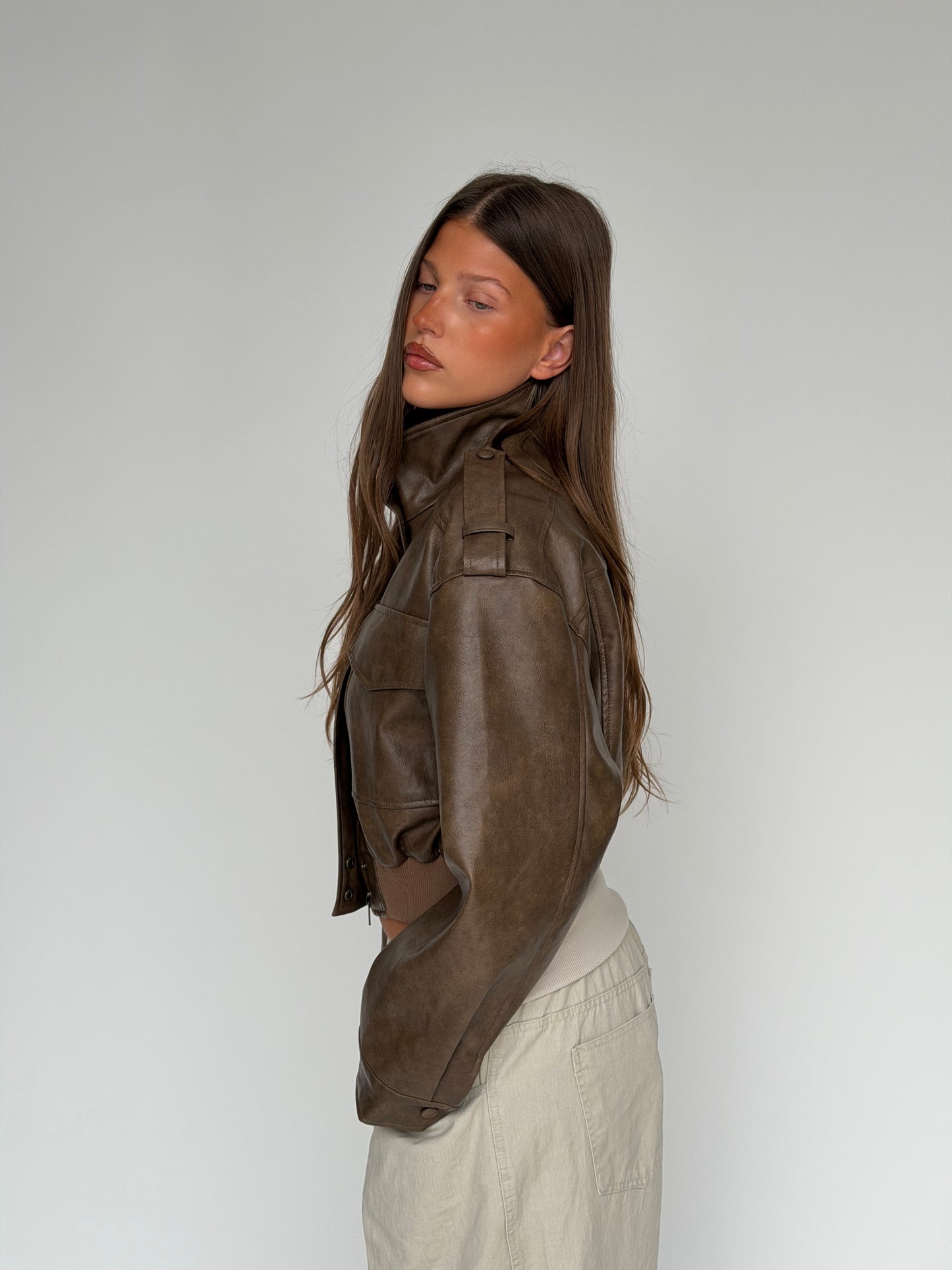 Cropped Front Pocket Detail Jacket Brown
