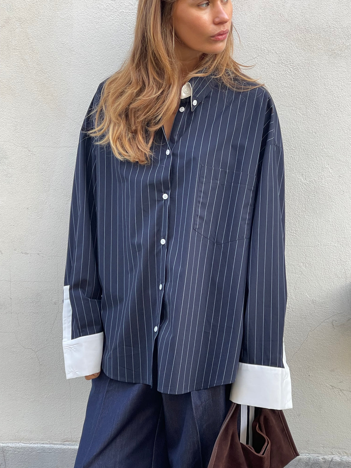 Contrast Lined Pinstriped Shirt Dark Blue – The Room Antwerp