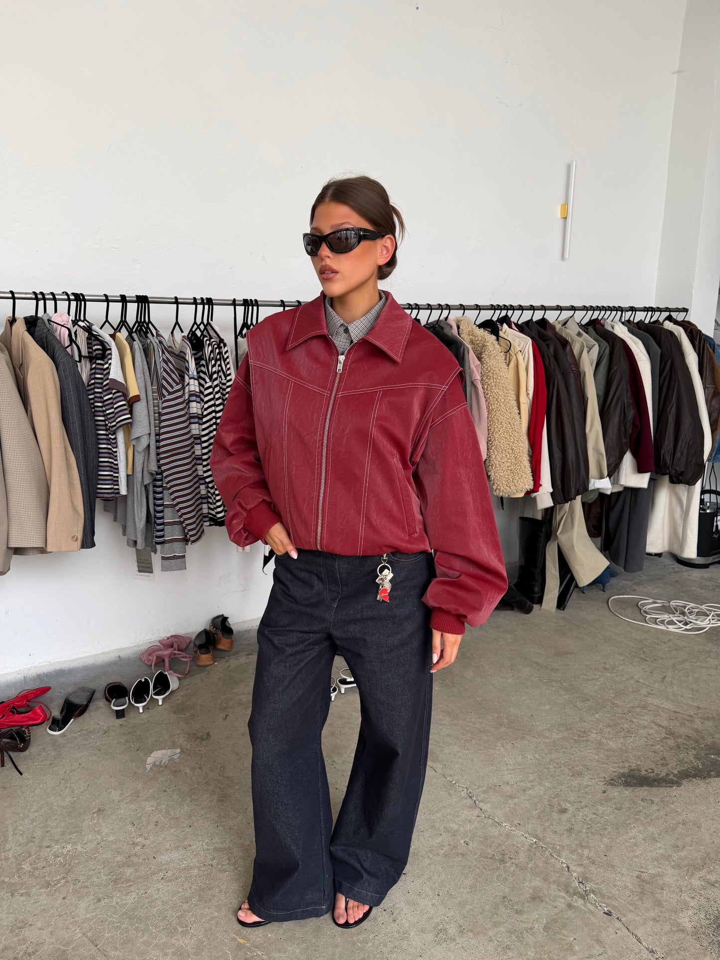 Oversized Contrast Stitch Jacket Red