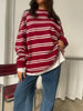 Ruffled Oversized Striped Sweatshirt Cherry Red