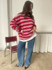 Ruffled Oversized Striped Sweatshirt Cherry Red