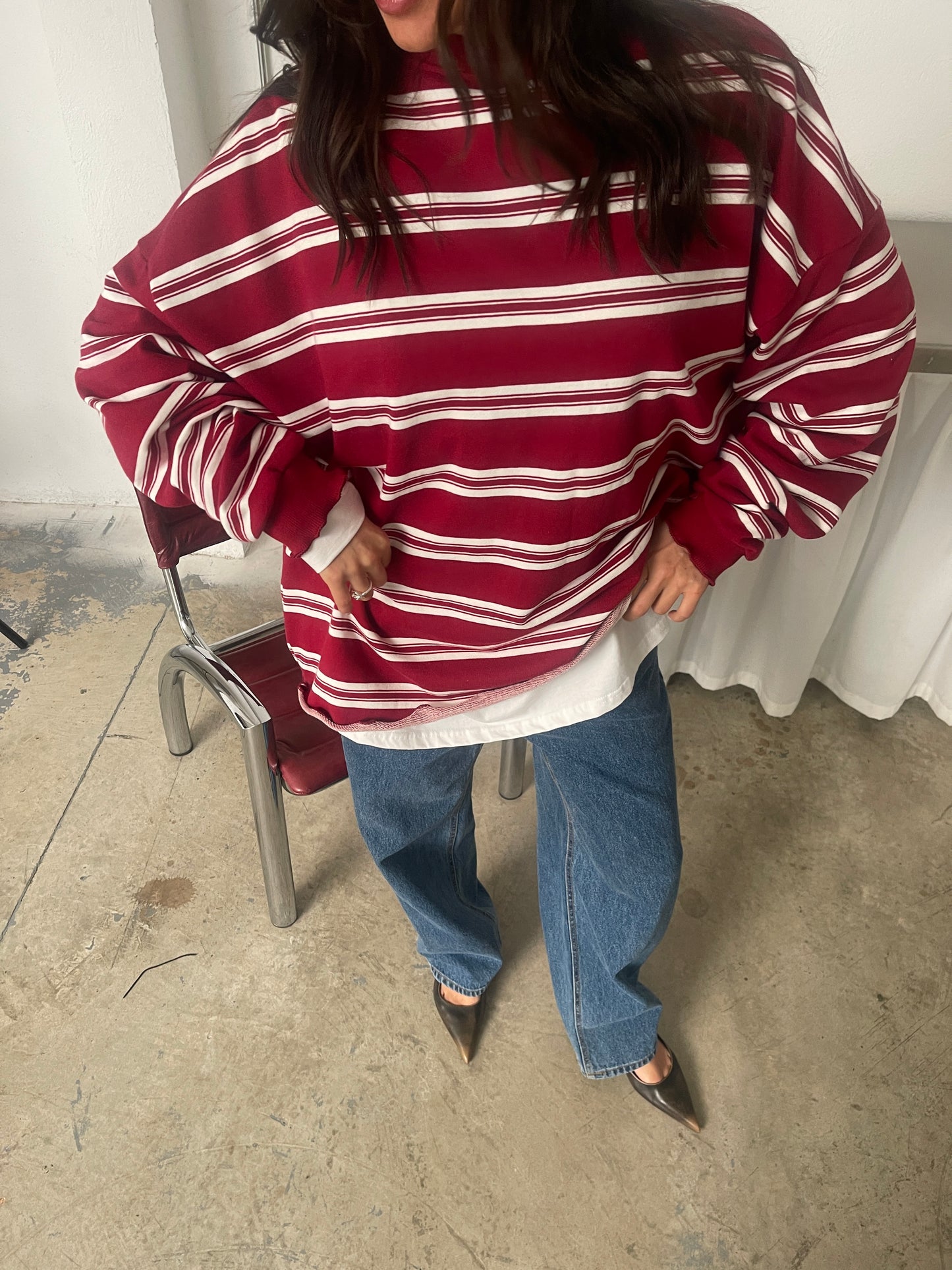 Ruffled Oversized Striped Sweatshirt Cherry Red