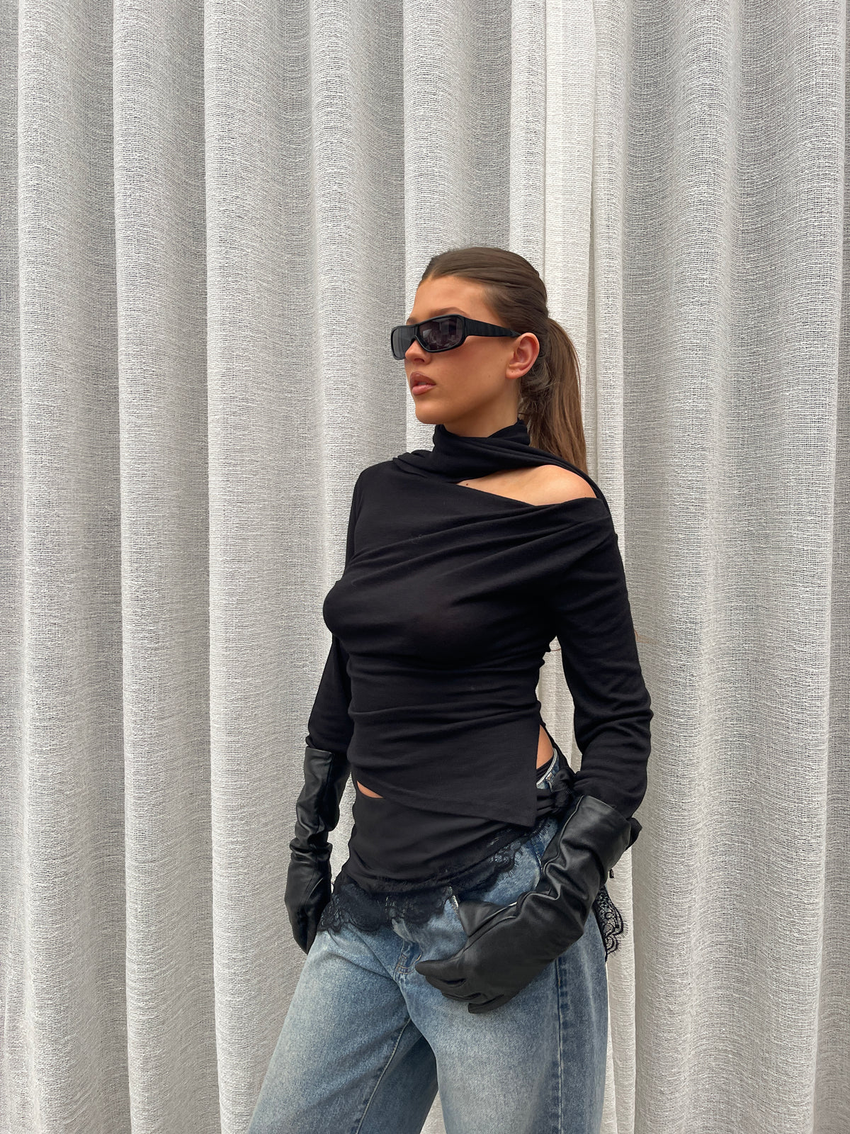 Wrapped Scarf Detail Top Black