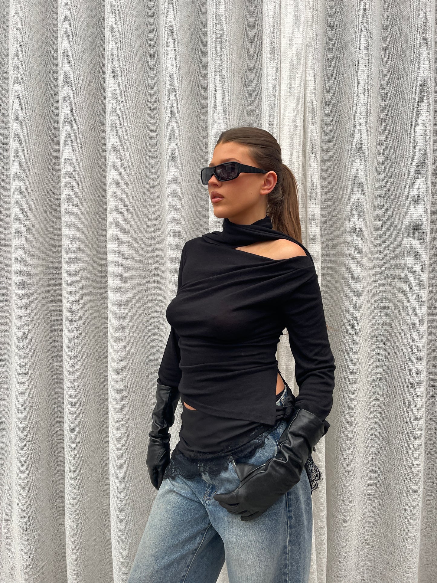 Wrapped Scarf Detail Top Black