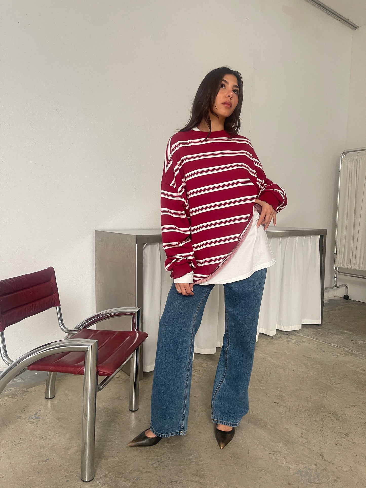 Ruffled Oversized Striped Sweatshirt Cherry Red