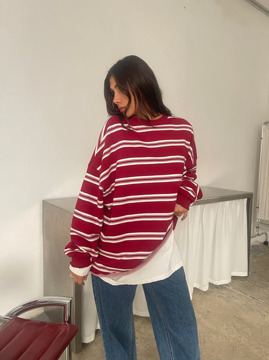 Ruffled Oversized Striped Sweatshirt Cherry Red