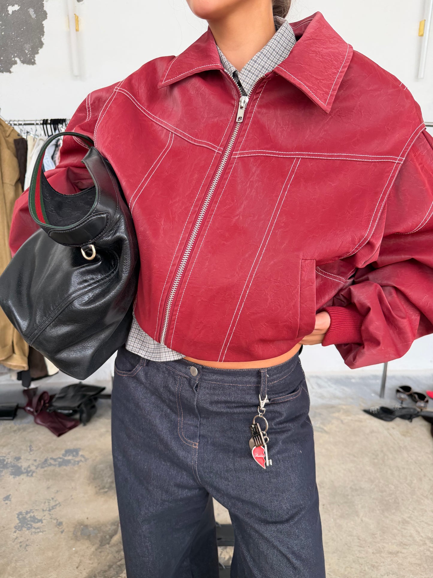 Oversized Contrast Stitch Jacket Red
