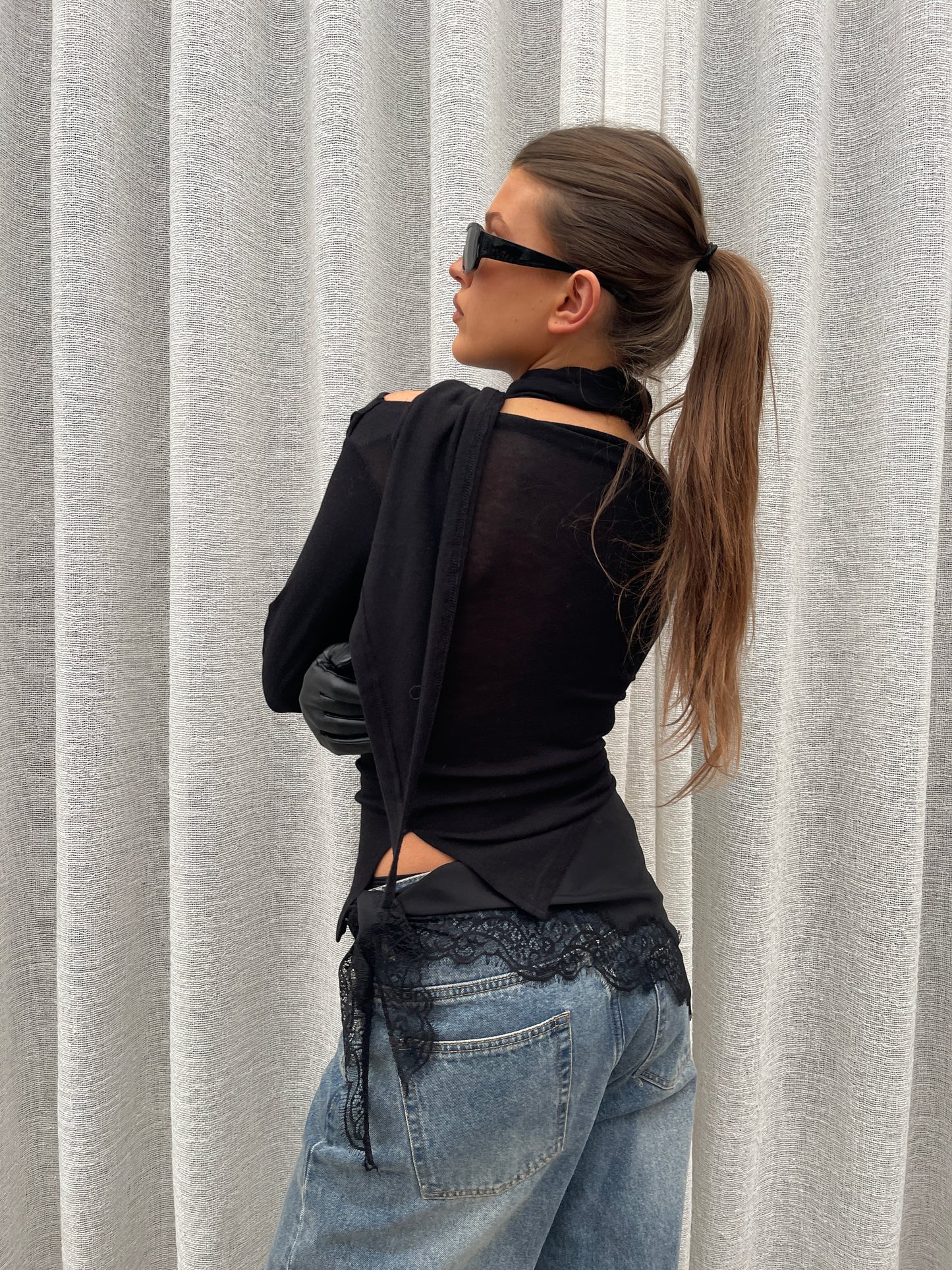 Wrapped Scarf Detail Top Black