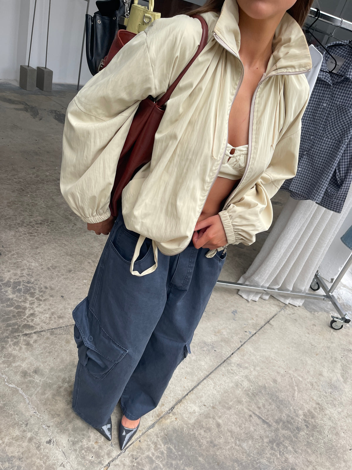 Drawstring Funnel Neck Jacket Soft Sand
