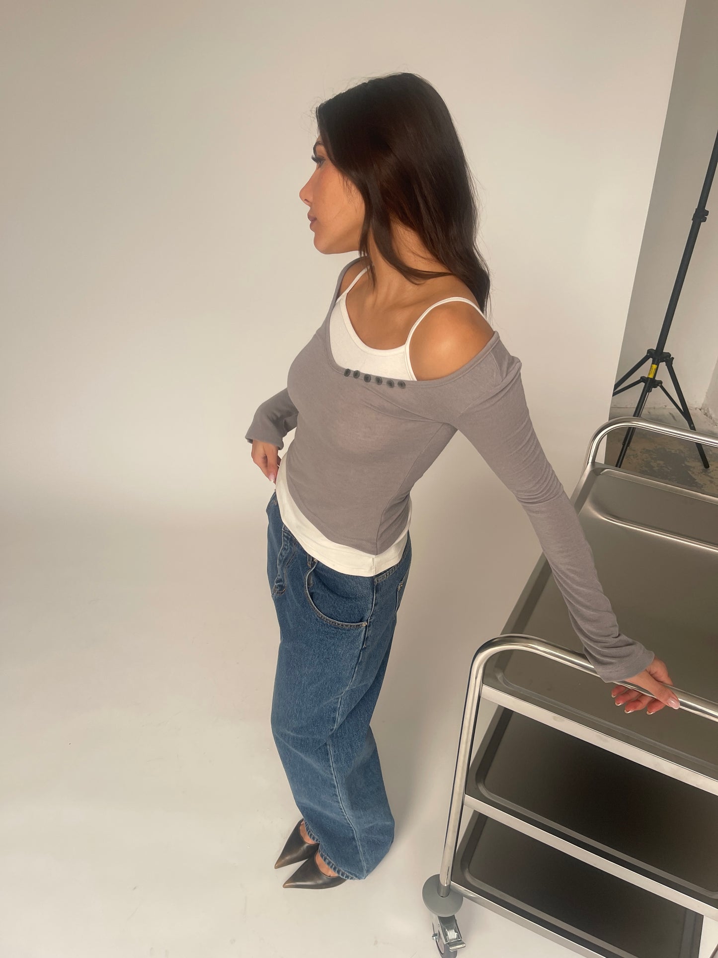 Double Layered Buttoned Top Grey