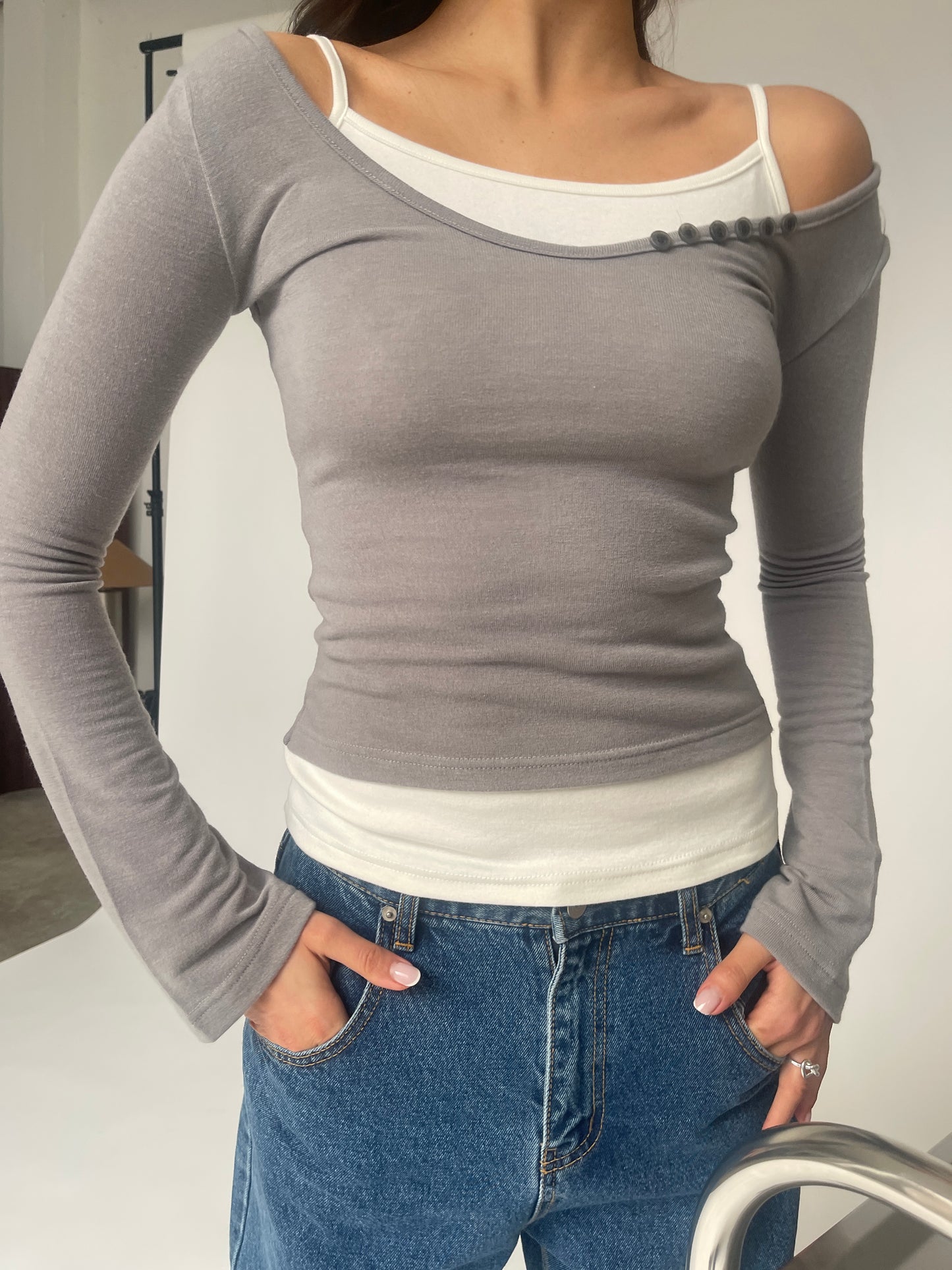 Double Layered Buttoned Top Grey