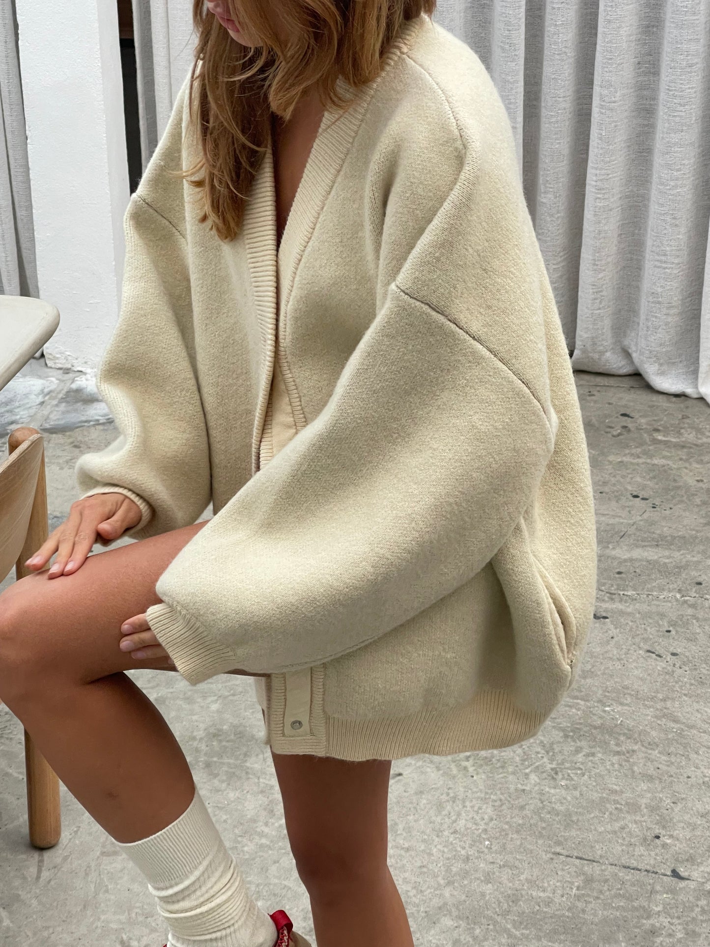 Oversized Press Button Cardigan Cream