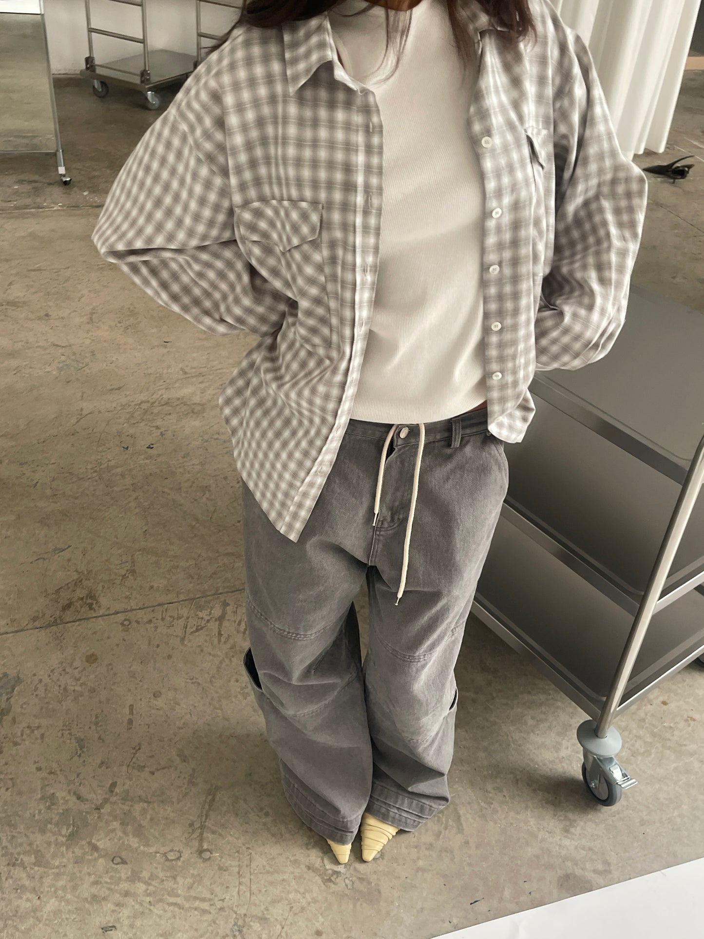 Loose Checked Pocket Shirt Sage Green