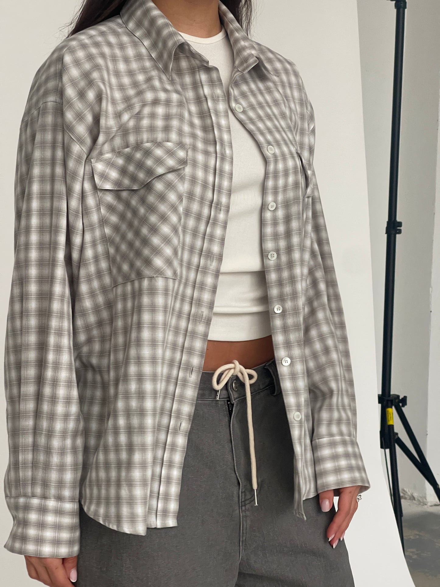 Loose Checked Pocket Shirt Sage Green