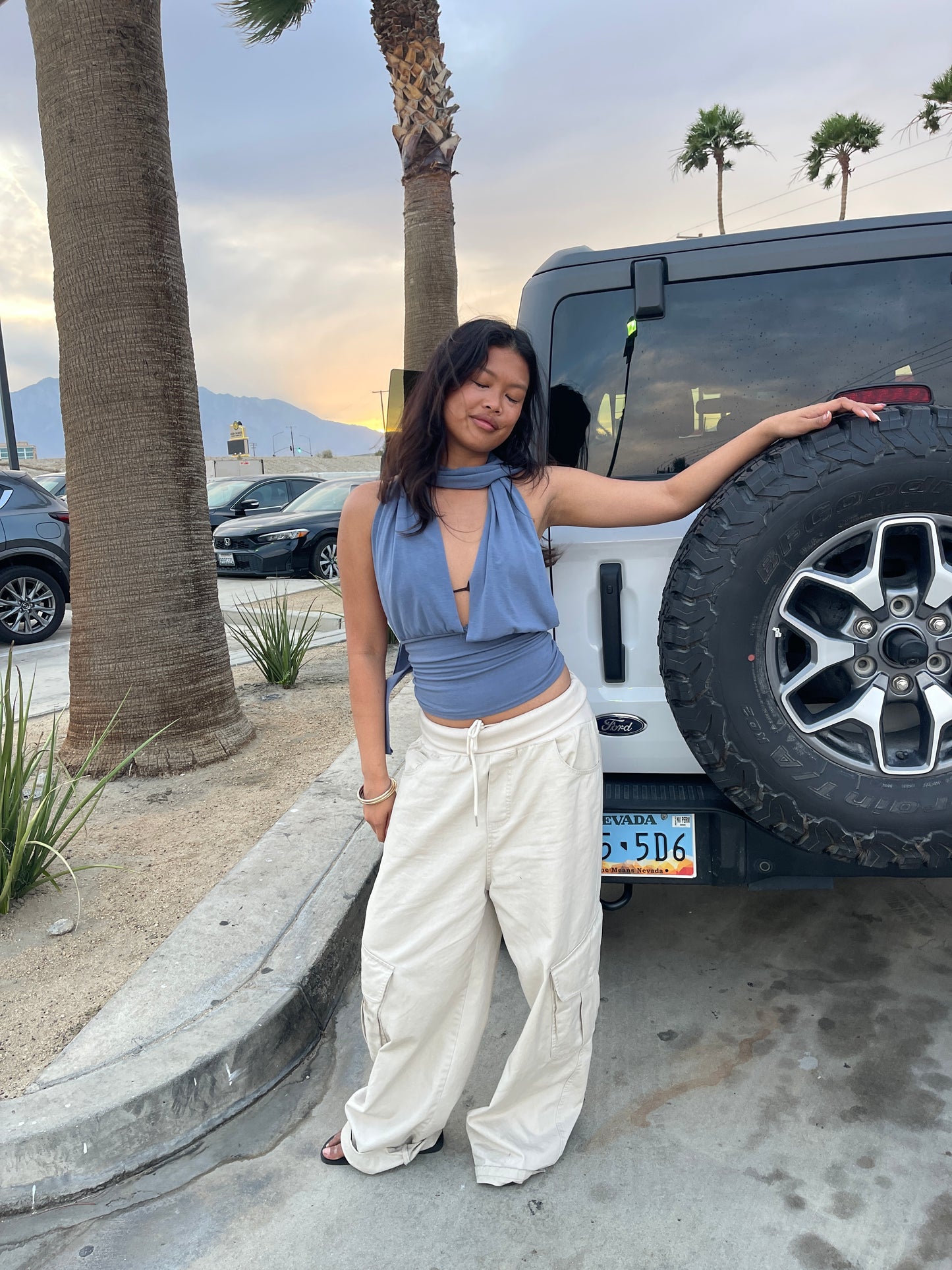 Deep Halter Neck Top Steel Blue