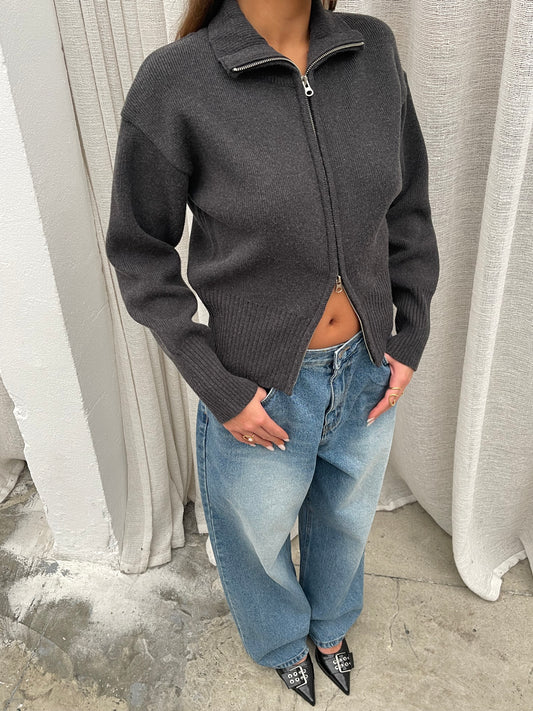 Two Way Zip Cardigan Grey