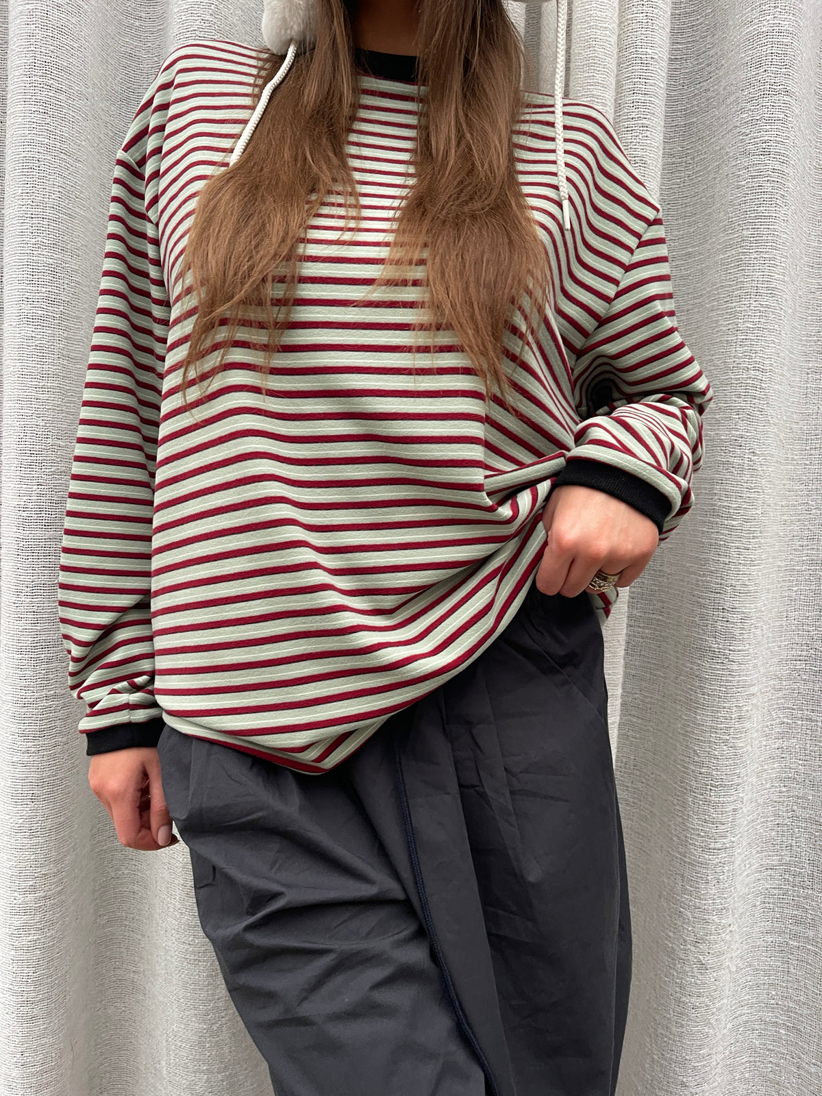 Soft Contrast Striped Sweater Sage Green