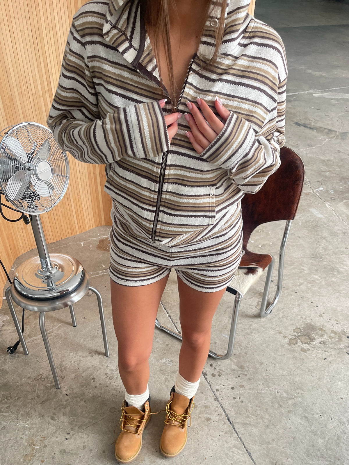 Knitted Striped Zip Hoodie Light Brown