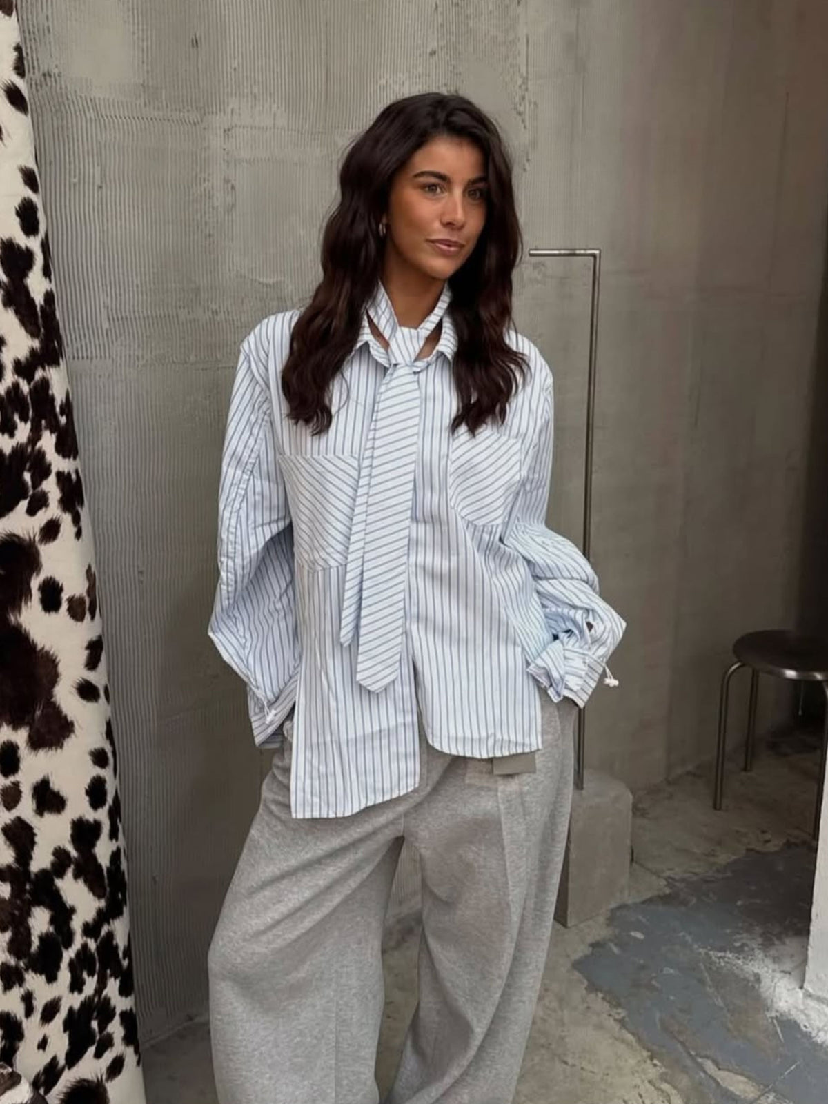 Oversized Striped Drawstring Shirt With Tie