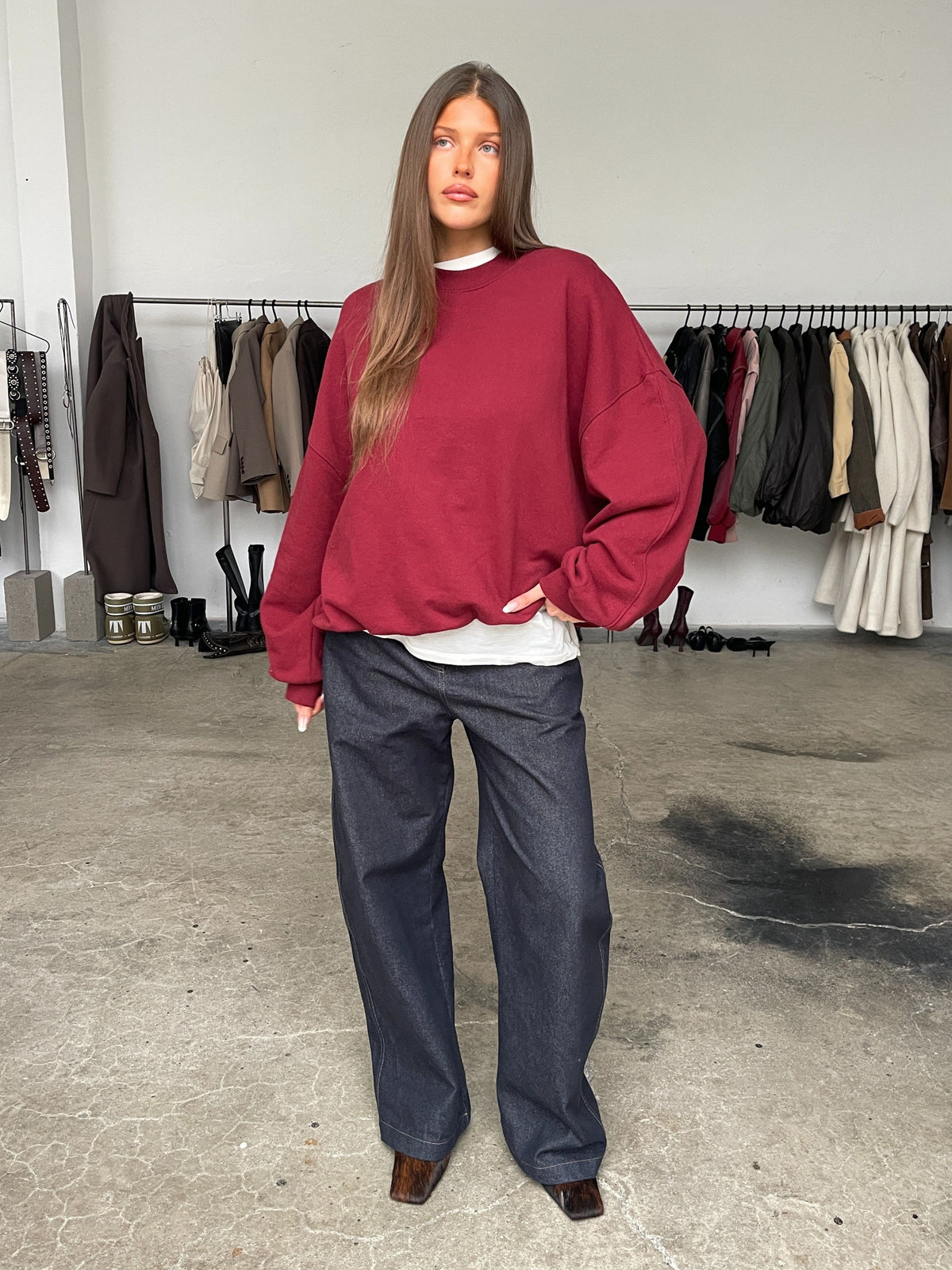 Basic Rundhals-Übergröße Pullover Bordeaux