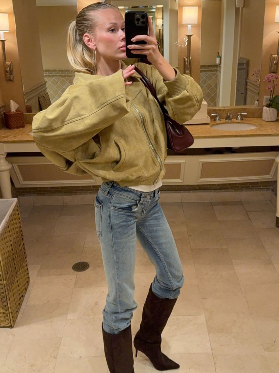 Oversized Contrast Stitch Jacket Suede Camel