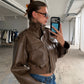 Cropped Front Pocket Detail Jacket Brown