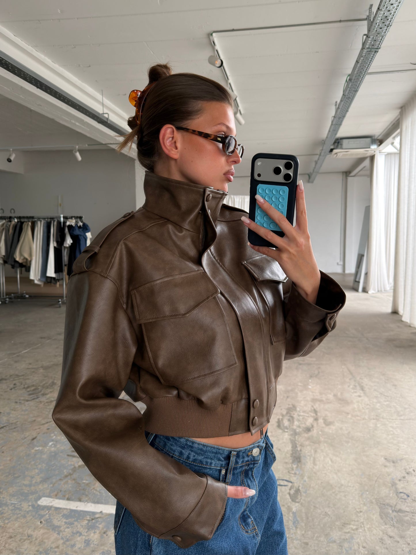Cropped Front Pocket Detail Jacket Brown