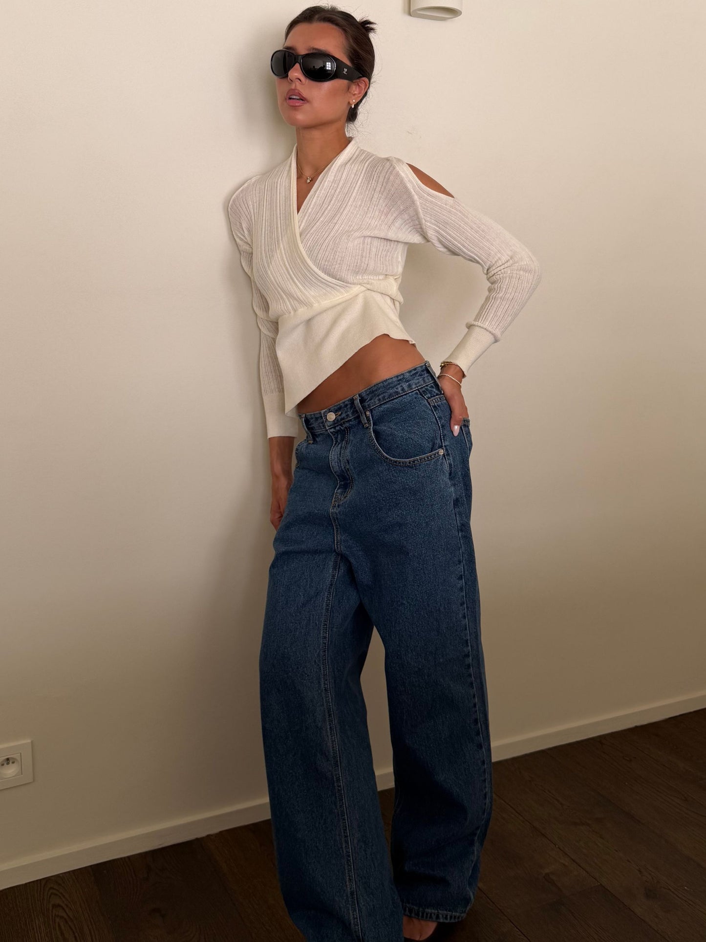 Ribbed V-Neck Knit Top Ivory