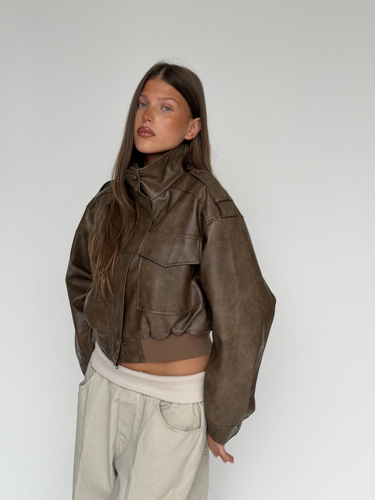 Cropped Front Pocket Detail Jacket Brown
