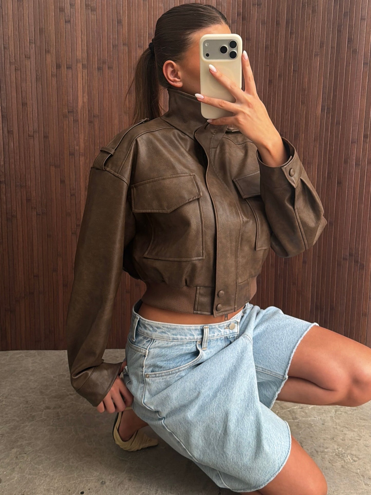 Cropped Front Pocket Detail Jacket Brown