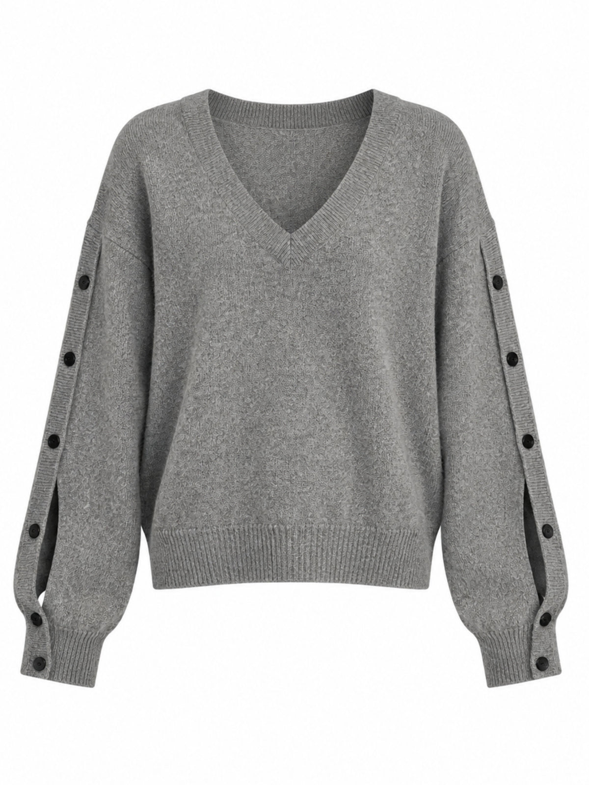 Buttoned Detail V-Neck Knit Sweater Grey
