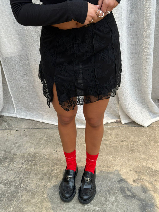 Mini Side Slit Lace Skirt Black