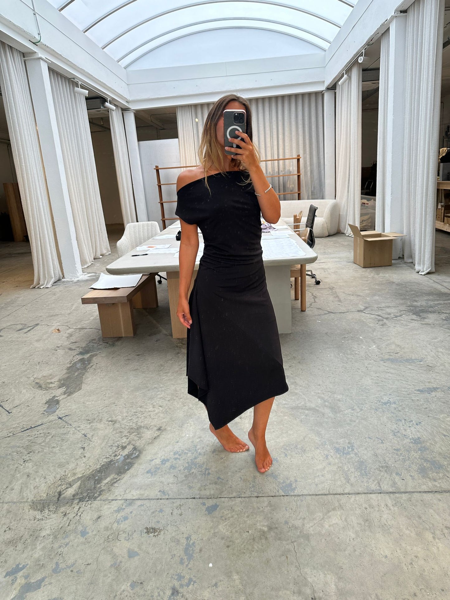 Off Shoulder Asymmetric Dress Black