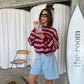 Ruffled Oversized Striped Sweatshirt Cherry Red