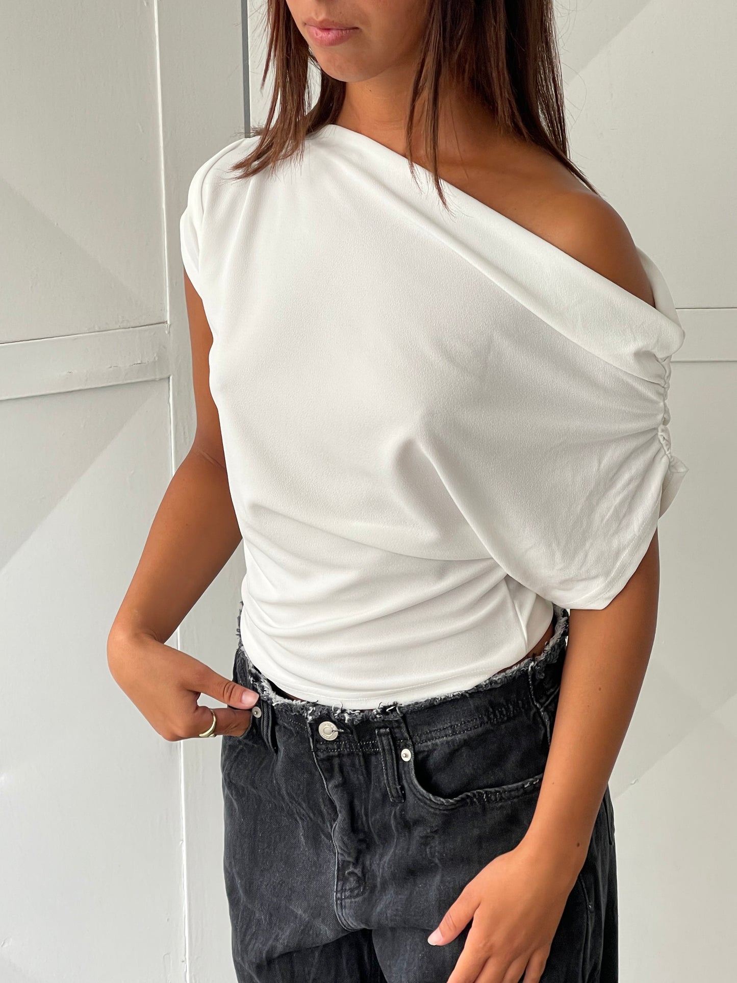 Draped Over Shoulder Top White