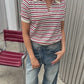Short Sleeved Striped Knitted Polo Top Ivory