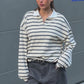 Striped Contrast Collar Polo Sweater Ivory