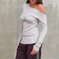 Off Shoulder Knot Belted Top Light Grey