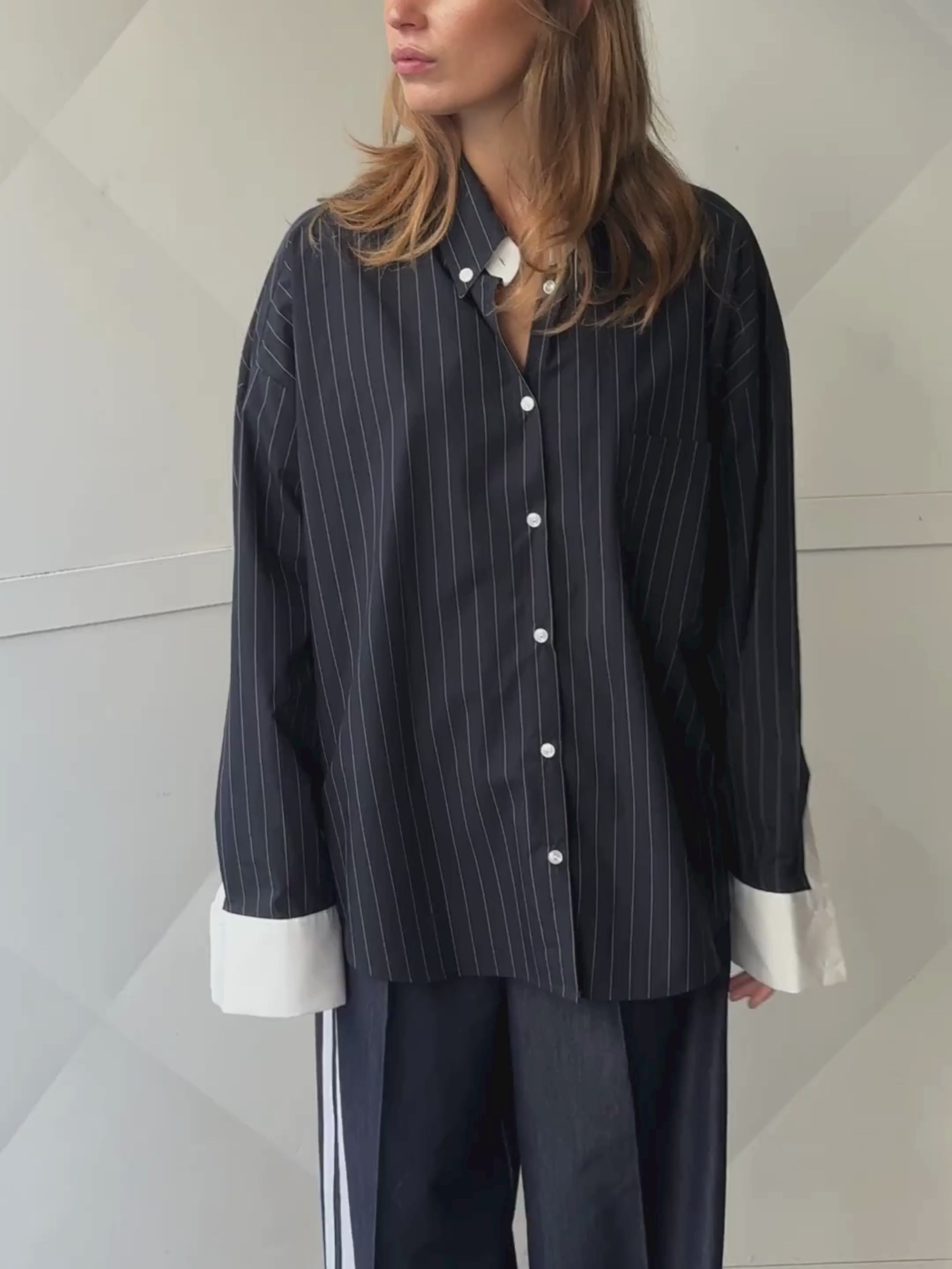 Contrast Lined Pinstriped Shirt Dark Blue – The Room Antwerp