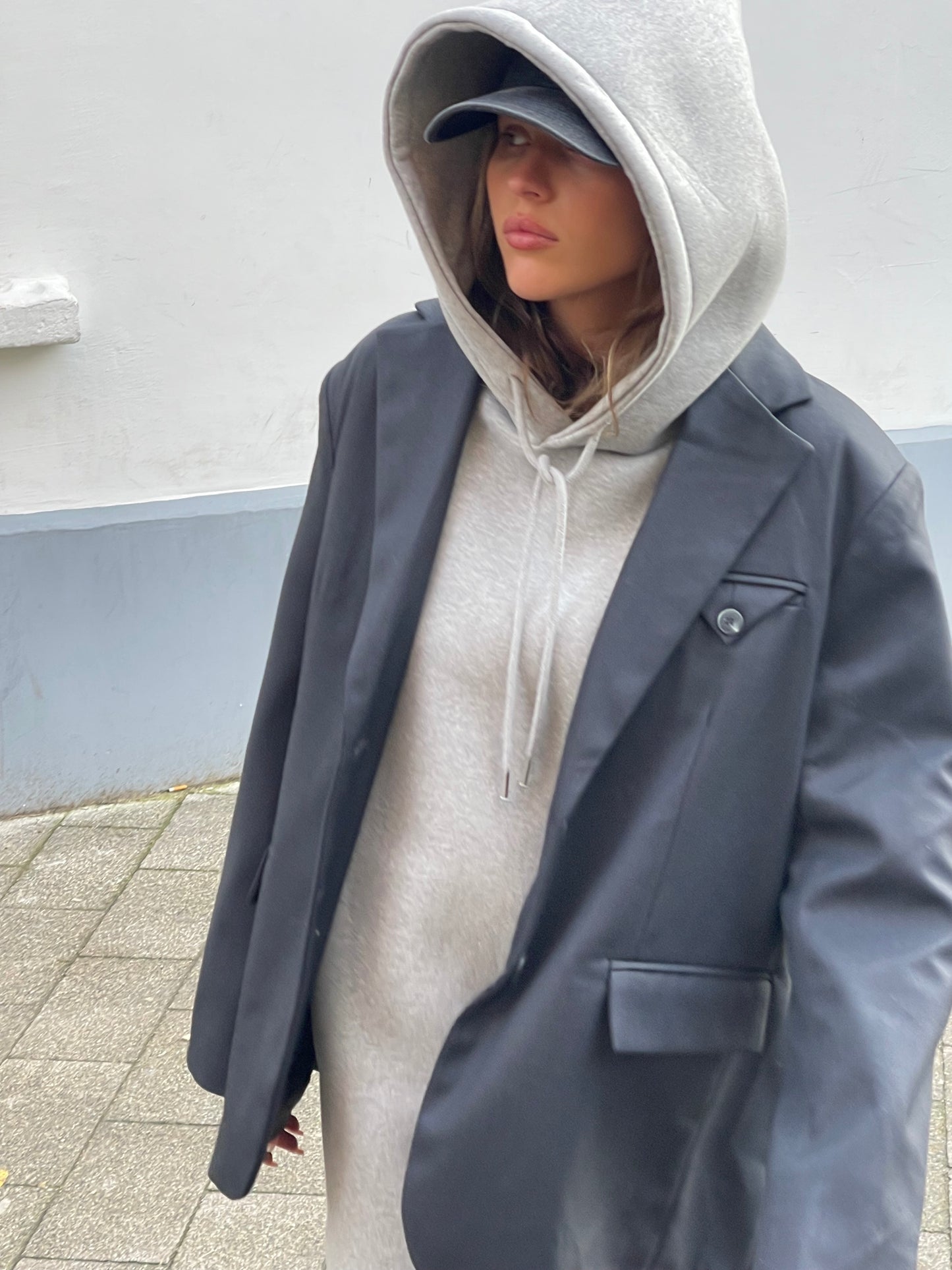 Long Fitted Oversized Hoodie Grey